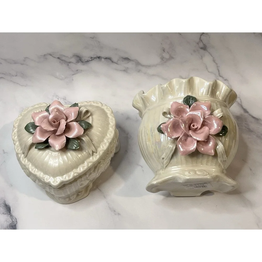 Opalescent Ceramic Vase & Trinket Box With Raised Flowers Coquette Cottage Core